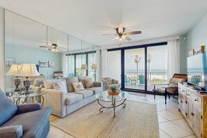 TV, offices - Gulf-front condo with easy beach access, gym, hot tub & pools (Orange Beach)