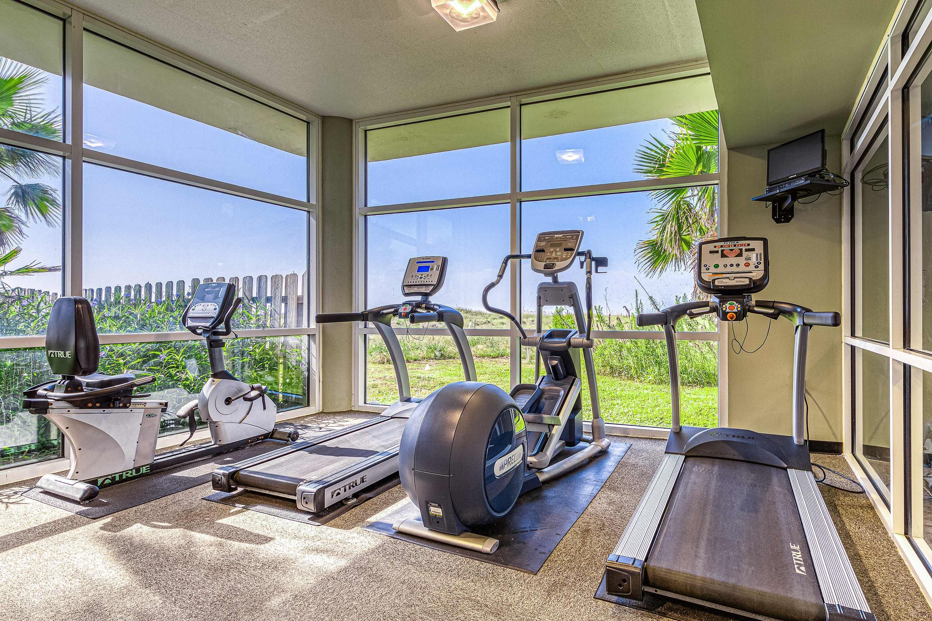 A gym with treadmills, stationary bikes, and ellipticals, large windows, and a view of greenery.