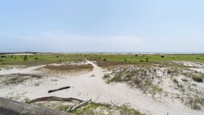 Et kystlandskab med en sandsti, grøn beplantning og en fjernd liggende moler.