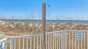 A beach with a fence and a sign that reads 'NO DOGS ALLOWED ON BEACH.' - Gulf front condo with onsite snack bar, three shared pools, and internet (Orange Beach)