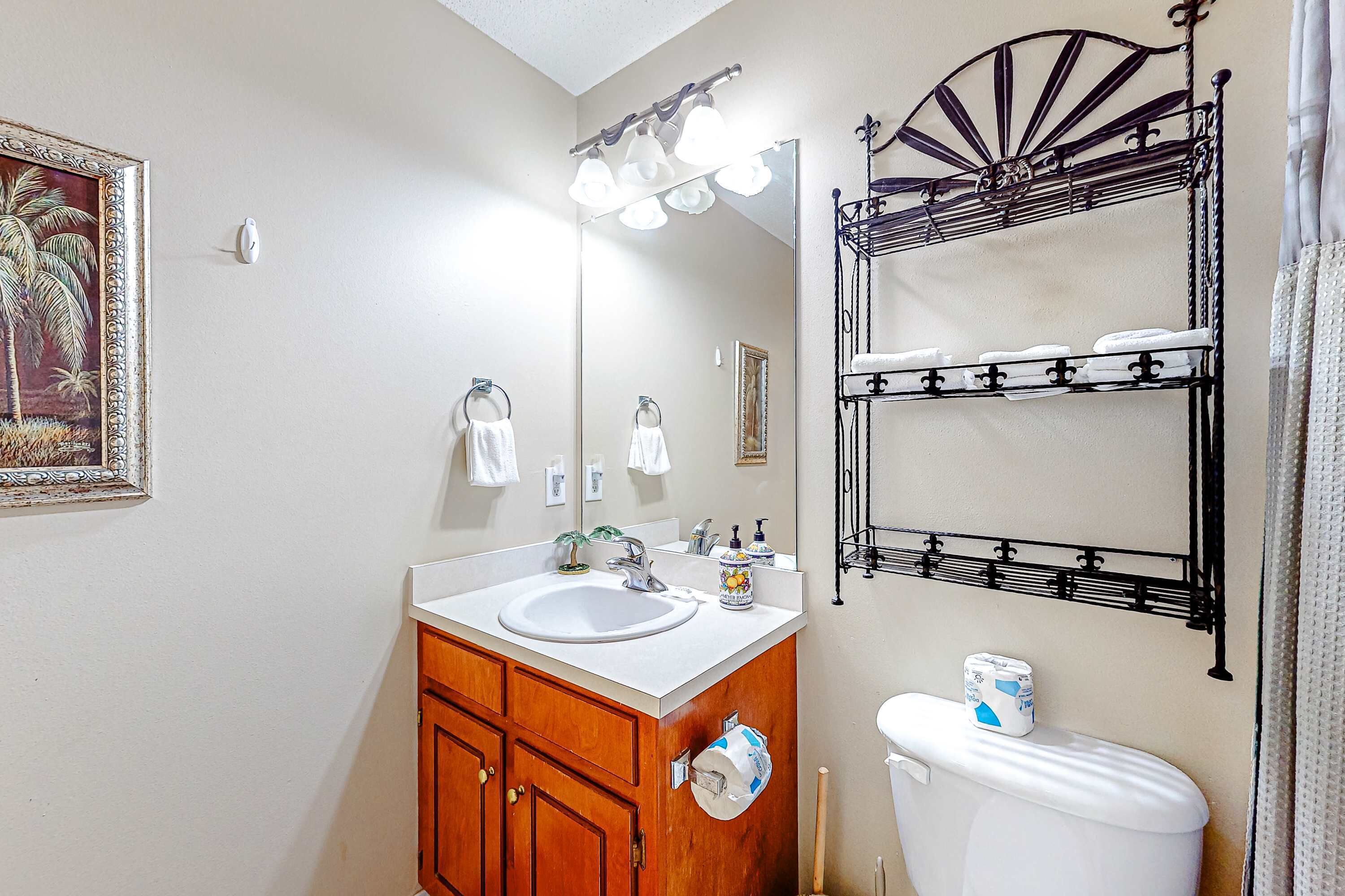 A bathroom with a sink, mirror, towel rack, toilet, and a framed picture on the wall.