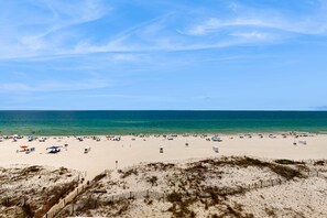 A beach with umbrellas and beach chairs, a sandy shore, and a clear sky. - Beachfront Condo with Gulf View & Shared Pools & Hot Tubs - Snowbirds Welcome (Gulf Shores)