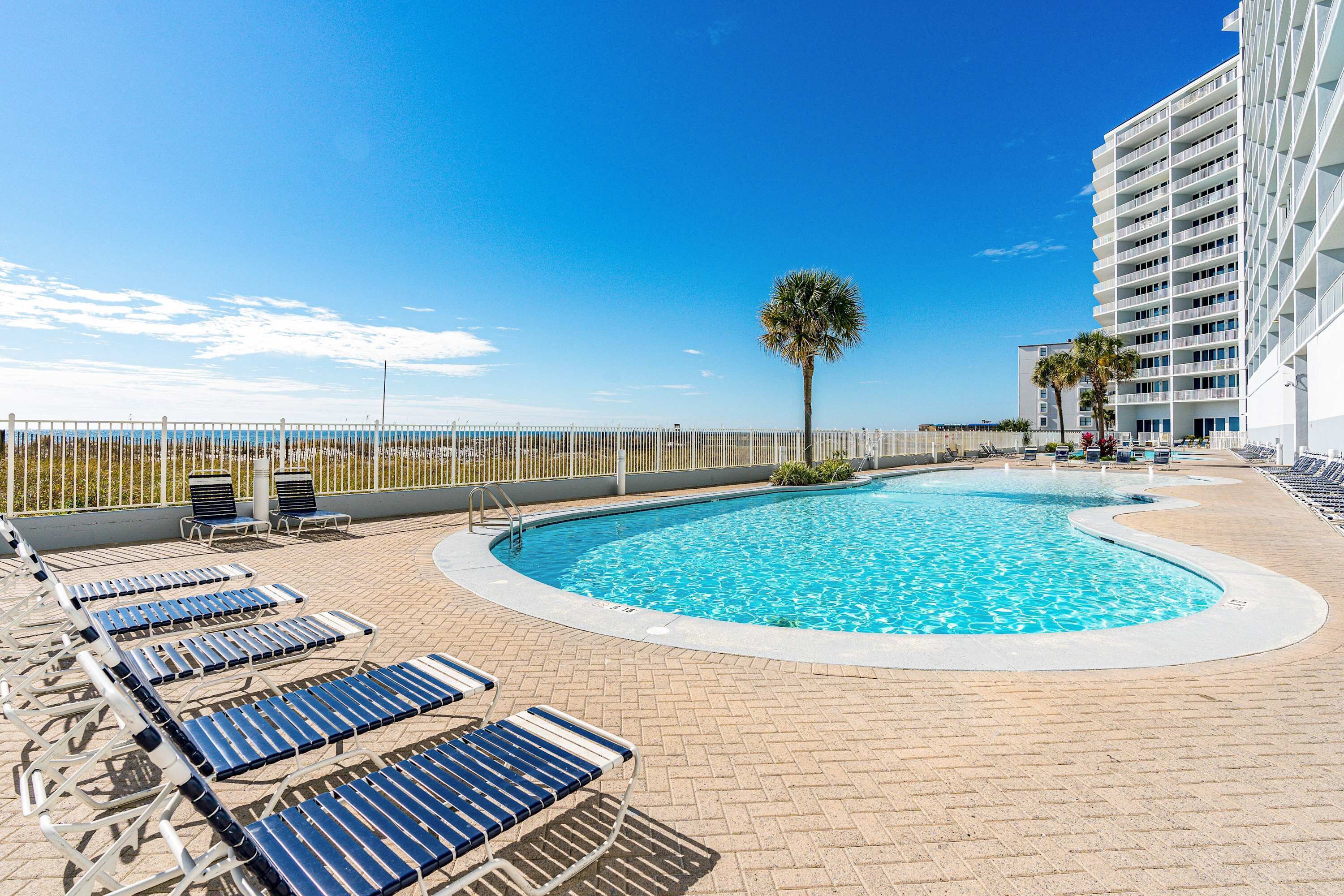 Una piscina con sillones de descanso, una palmera y un edificio con balcones.