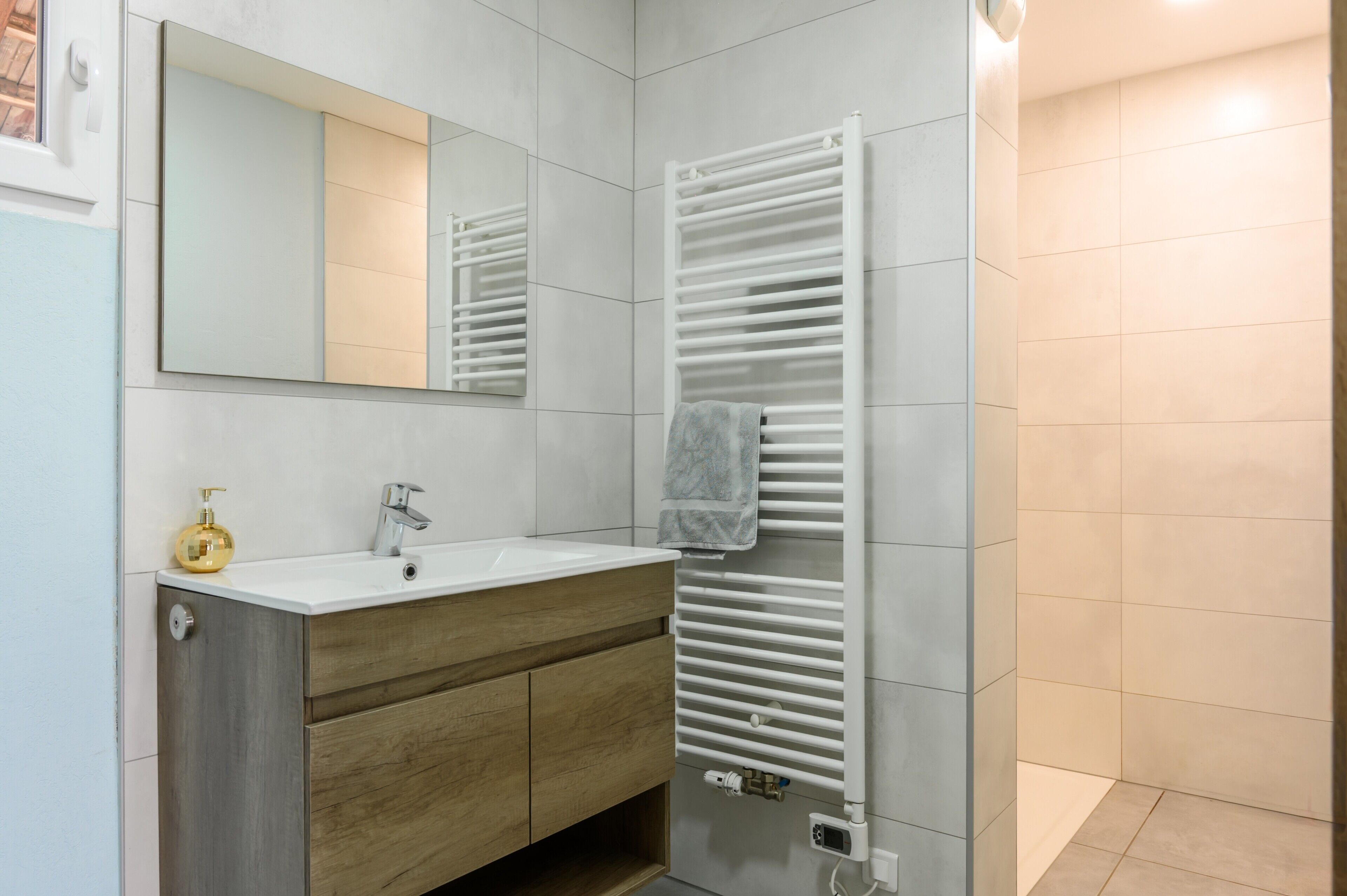 Shower, hair dryer, towels