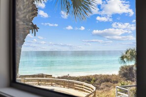 A view of a beach from a window with a wooden railing and a palm tree. - Sandpiper's Retreat|Gulf Front|Private Pool|Golf Cart (Santa Rosa Beach)