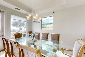 Dining - Beautiful gulf-front beach home with sweeping views from balcony, shared pool, WiFi (Gulf Shores)