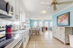 Fridge, microwave, oven, stovetop - Dog-friendly beachfront home w Gulf views, spacious deck, WiFi, AC, W&D (Gulf Shores)