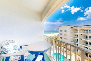 Outdoor dining - Condo in beachfront complex with partial Gulf views, balcony, pools, & gym (Orange Beach)