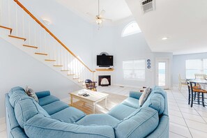 TV, stereo - Beachfront home with gorgeous Gulf view, boardwalk, 3 decks & pool access (Orange Beach)