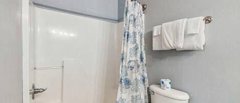 Une salle de bain avec douche, toilettes et porte-serviettes.