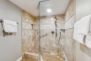 Shower, towels - Updated, Gulf front condo with beautiful views, shared pool, sauna, and hot tub (Orange Beach)