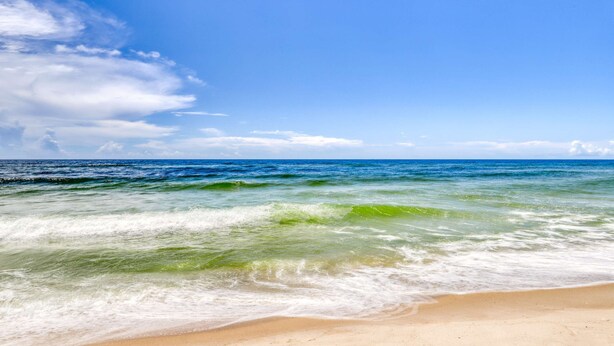 Una playa con cielo azul despejado y olas del océano.