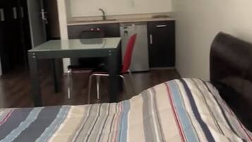 Fridge, microwave, stovetop, cookware/dishes/utensils