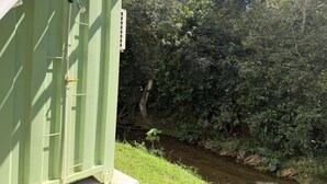 A green utility building adjacent to a natural area with dense foliage and a small stream. - Tierra Serena - Private Nature Retreat (Rincón)