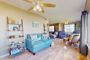 TV, offices - Family-friendly, beachfront getaway with a stainless kitchen & shared pool (Dauphin Island)
