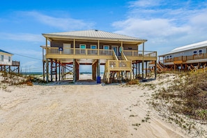 Exterior - Charming beachfront home with Gulf views & wraparound deck - right on the sand (Dauphin Island)