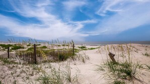 Ein sandiger Strand mit vereinzelter Vegetation und einem Holzzaun.