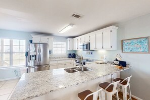 Fridge, microwave, oven, stovetop - Dog-friendly beachfront home with spacious deck, amazing views of the Gulf (Dauphin Island)