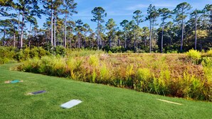 A golf course with a well-maintained lawn, a pond, and tall trees in the background. - Cozy townhome located near The Wharf concert and event venue! (Orange Beach)