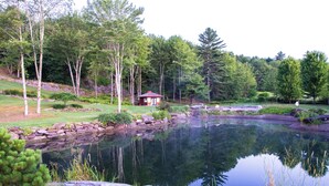 A serene pond with a small house surrounded by trees and a stone bridge. - 3-bedroom house in Stowe with stunning panoramic views and ~11 acres to explore. (Stowe)