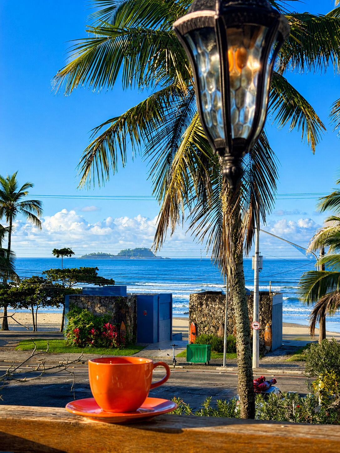 A coastal view with a street lamp, palm trees, and a beach in the background.