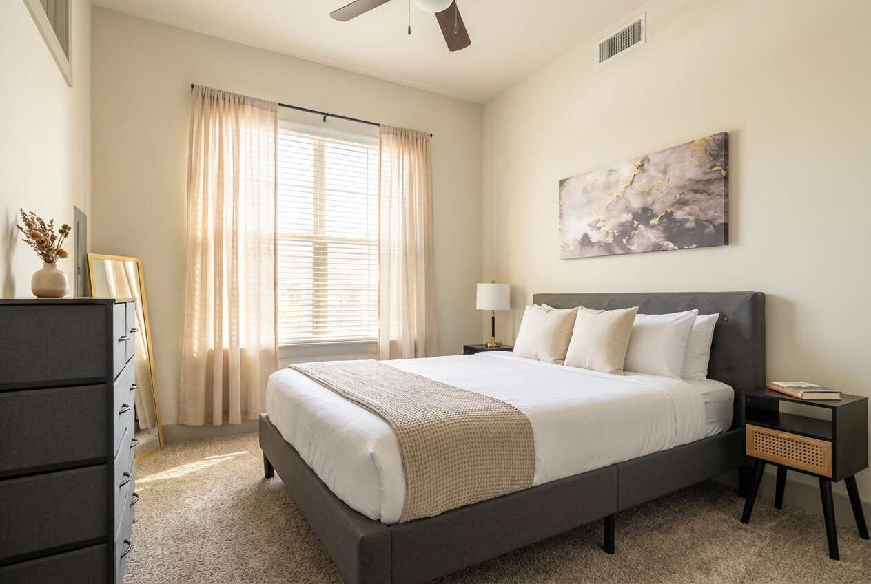 A bedroom with a large bed, a nightstand, a dresser, a ceiling fan, and a window with curtains.