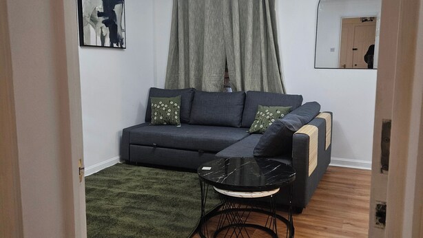 Uma sala de estar com um sofá cinza, uma mesa pequena preta, um tapete verde e um ventilador de teto.