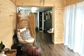 Interior - Blue Bird Tiny House Shipping Container: Hot Tub + Rooftop Deck in Hocking Hills (Logan)
