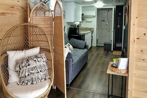 TV, fireplace, DVD player, table football - Blue Bird Tiny House Shipping Container: Hot Tub + Rooftop Deck in Hocking Hills (Logan)