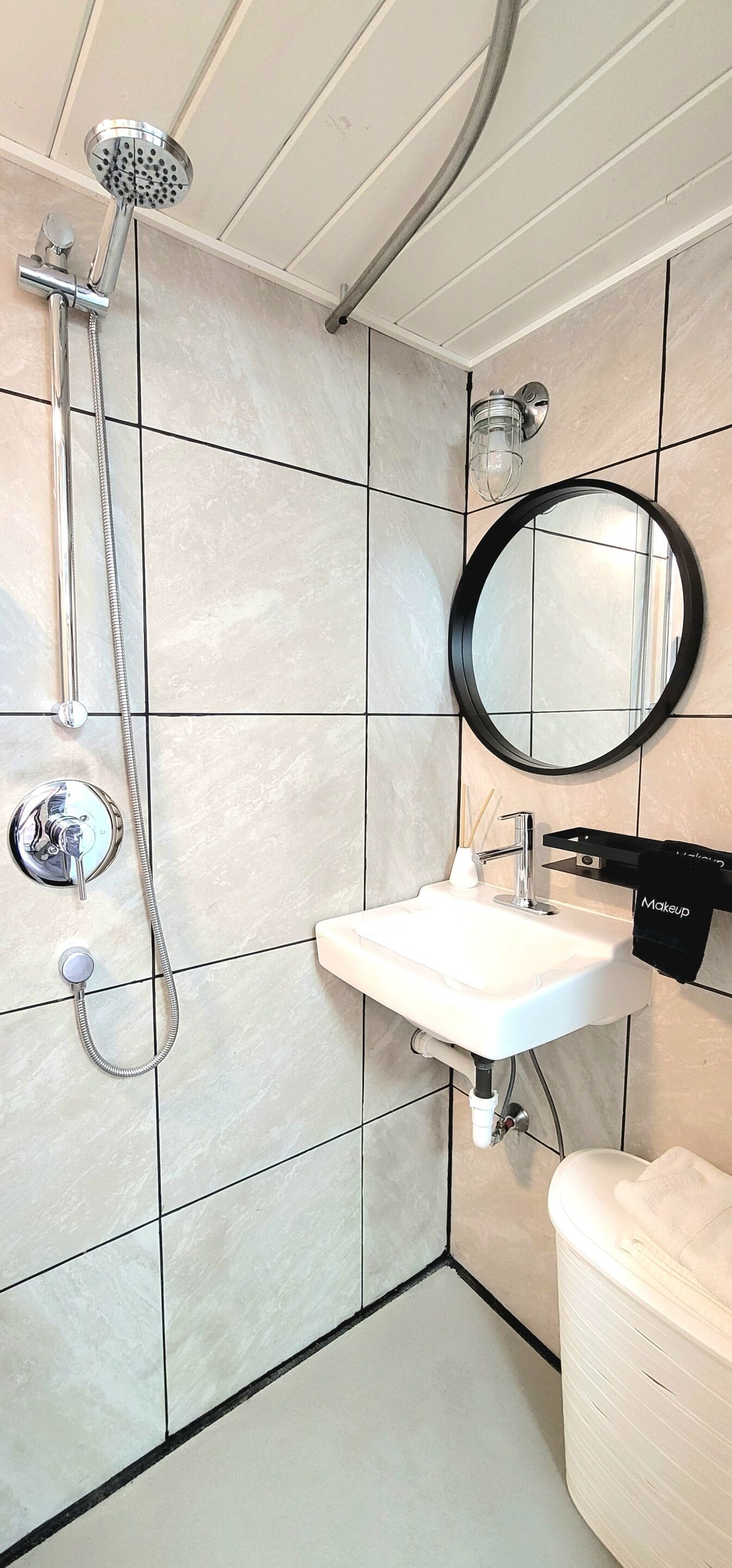 A bathroom with a shower, sink, and mirror.