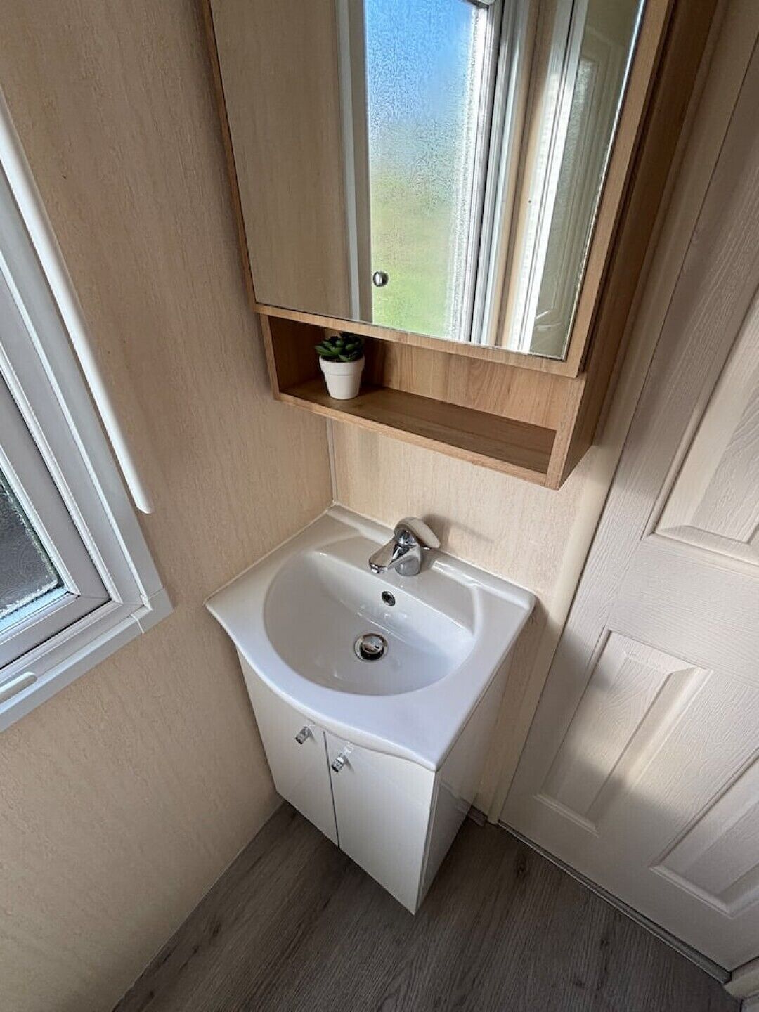 A small bathroom with a white sink, a mirror above it, and a shelf with a potted plant.