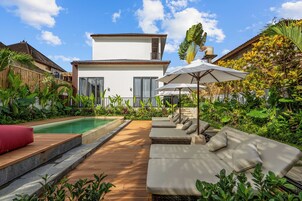 Outdoor pool, pool umbrellas, sun loungers