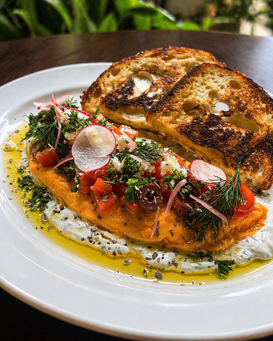 Une assiette de poisson grillé, de légumes et de pain grillé.