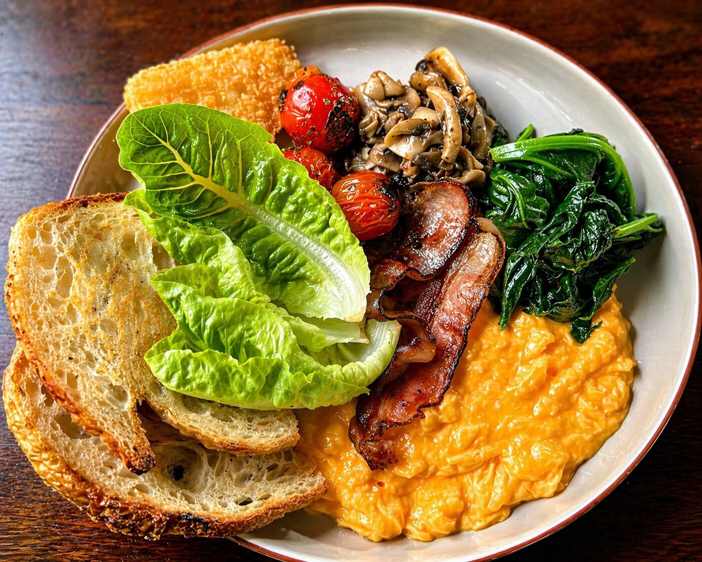 A plate of food with scrambled eggs, bacon, mushrooms, tomatoes, spinach, and toasted bread.