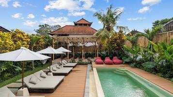Outdoor pool, pool umbrellas, pool loungers