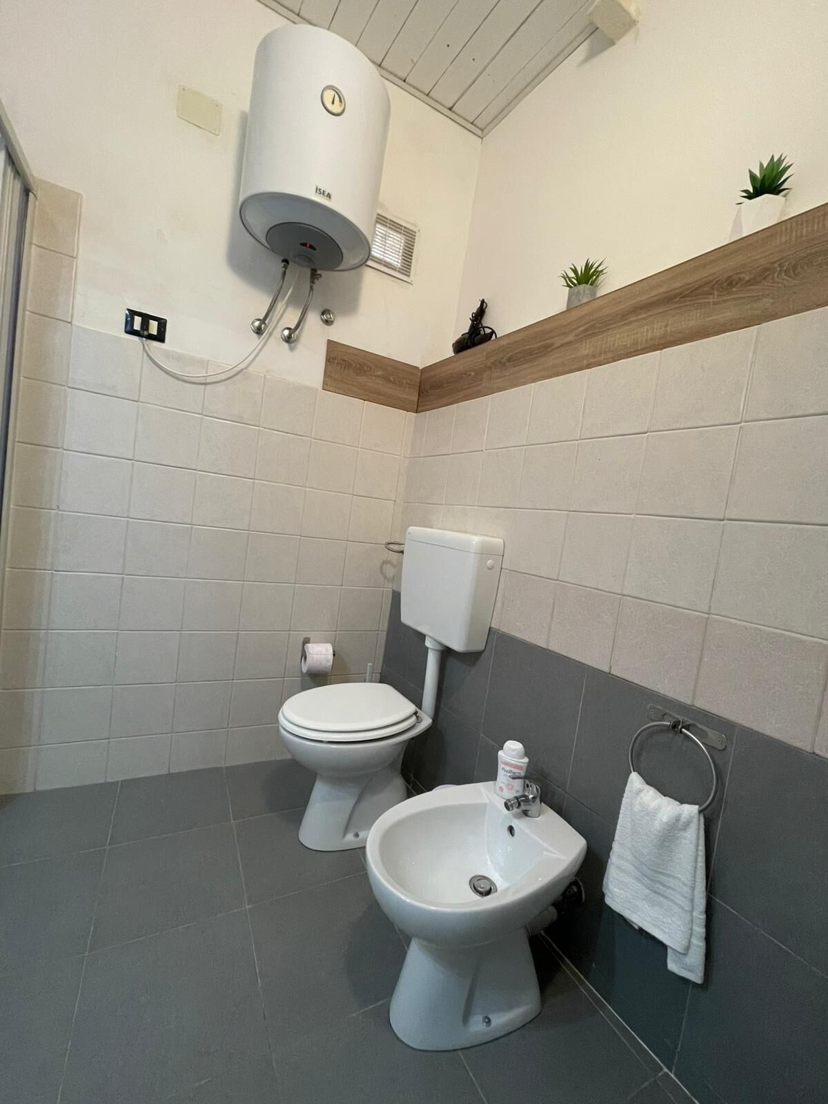 Un bagno con il water, bidet e un porta asciugamani.