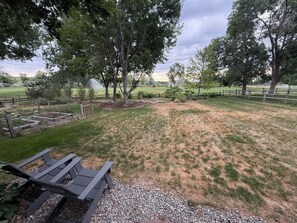 Un giardino con una panchina in legno, un vialetto ghiaioso e un’area recintata con alberi.