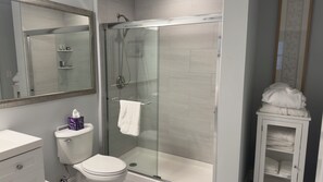 Hair dryer, towels, soap, shampoo