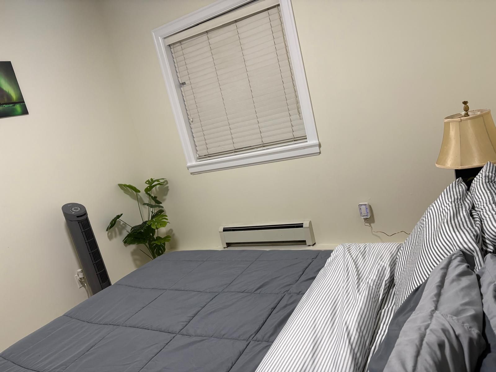 A bedroom with a bed, a radiator, a window with blinds, a lamp, and a plant.