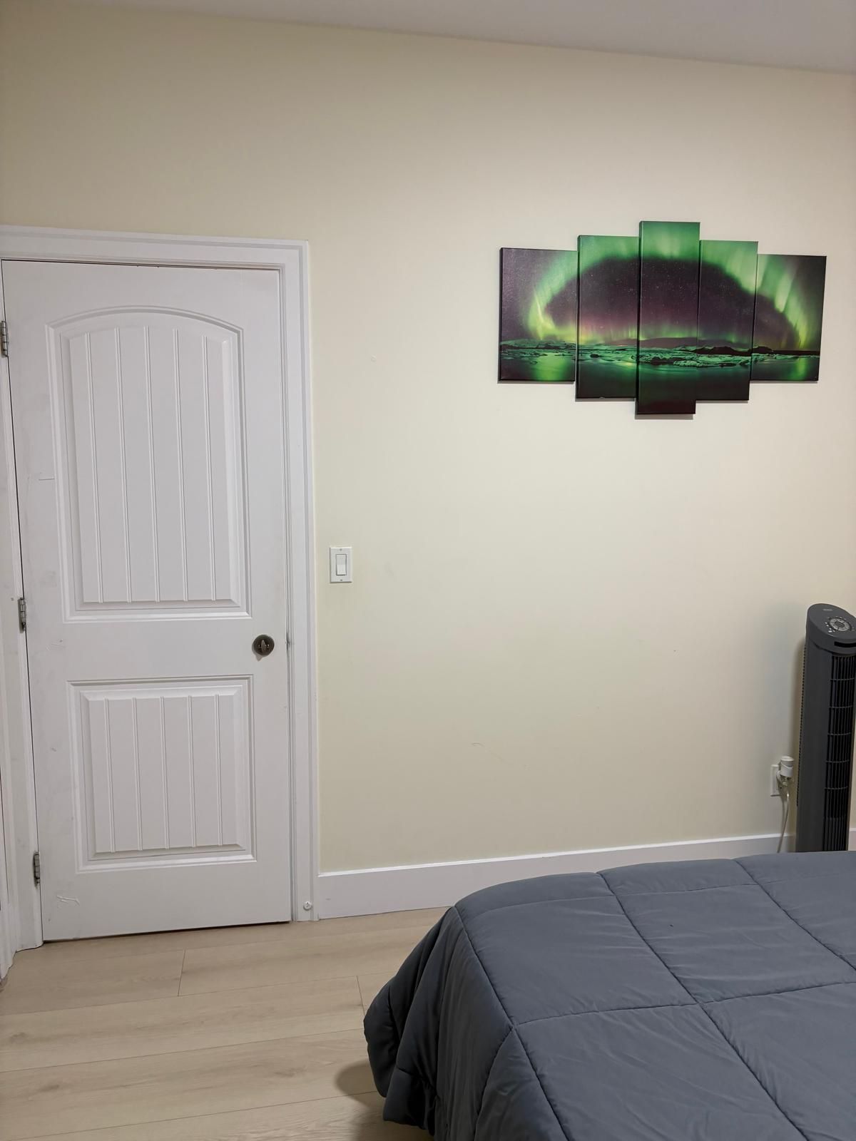 A room with a white door, a bed with a grey cover, and a wall-mounted artwork depicting the aurora borealis.