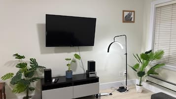 A living room with a flat-screen TV mounted on the wall, a modern floor lamp, and several potted plants.
