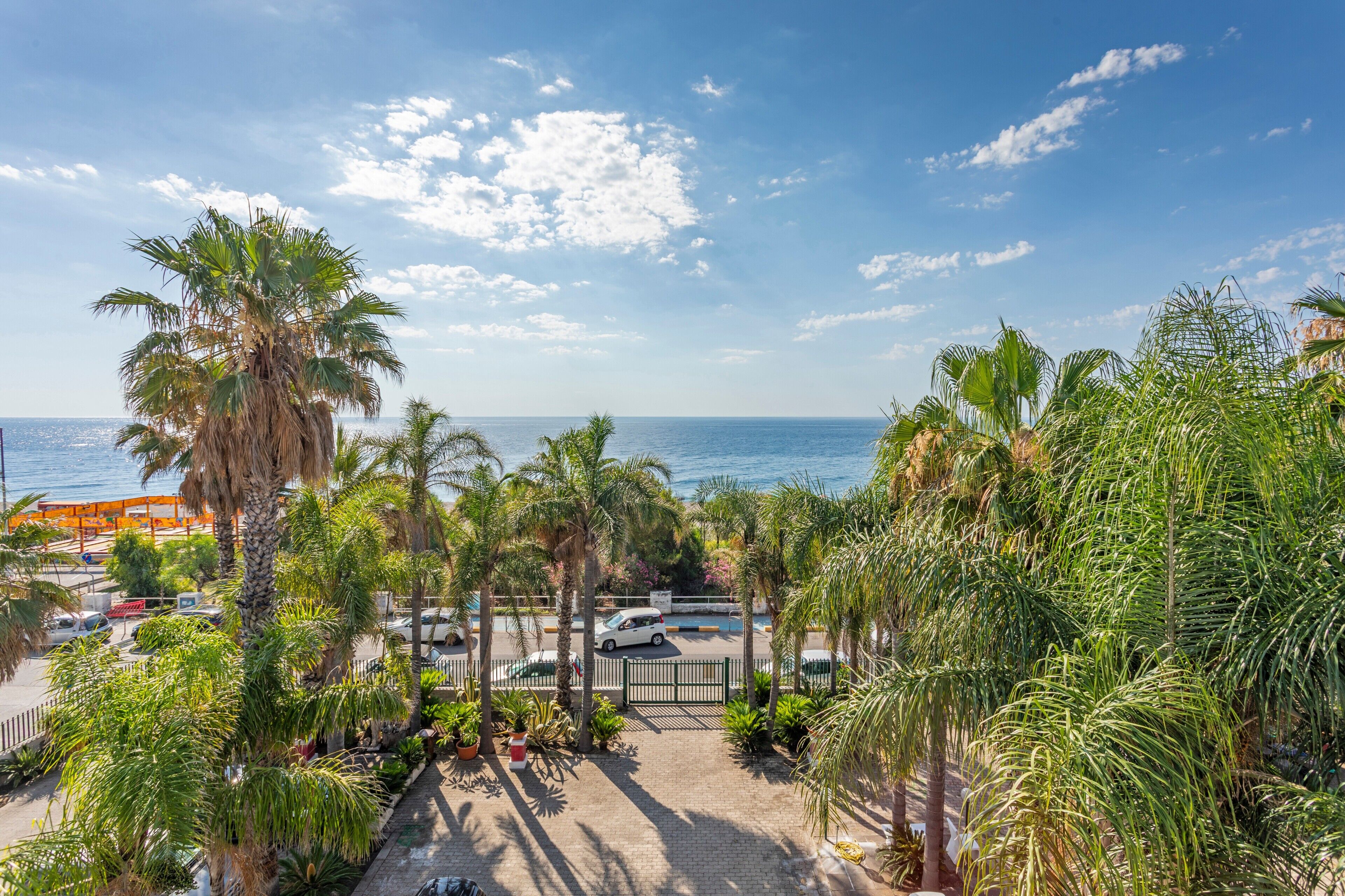 A view of a beachside area with palm trees, a pool, and a road leading to the sea.