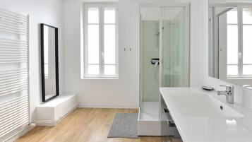 Shower, hair dryer, towels