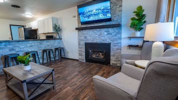 TV, fireplace, DVD player, offices