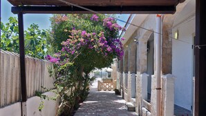 En smal passagevej med et pergola overdækket med blomstrende slyngplanter, stenvægge og en flisebelagt sti.