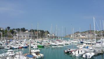 A marina with various boats docked, surrounded by buildings and hills in the background.
