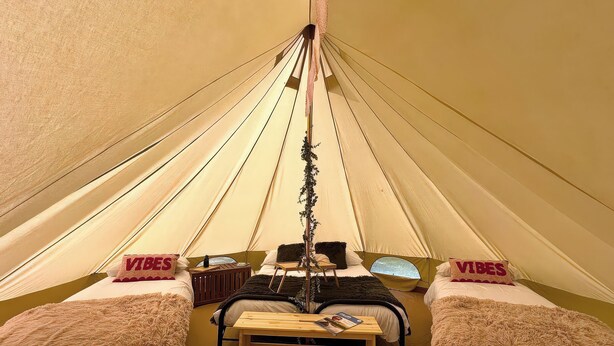 A tent with two beds, each with a 'VIBES' pillow, a wooden bench, and a hanging plant. - Dovedale (Ashbourne)