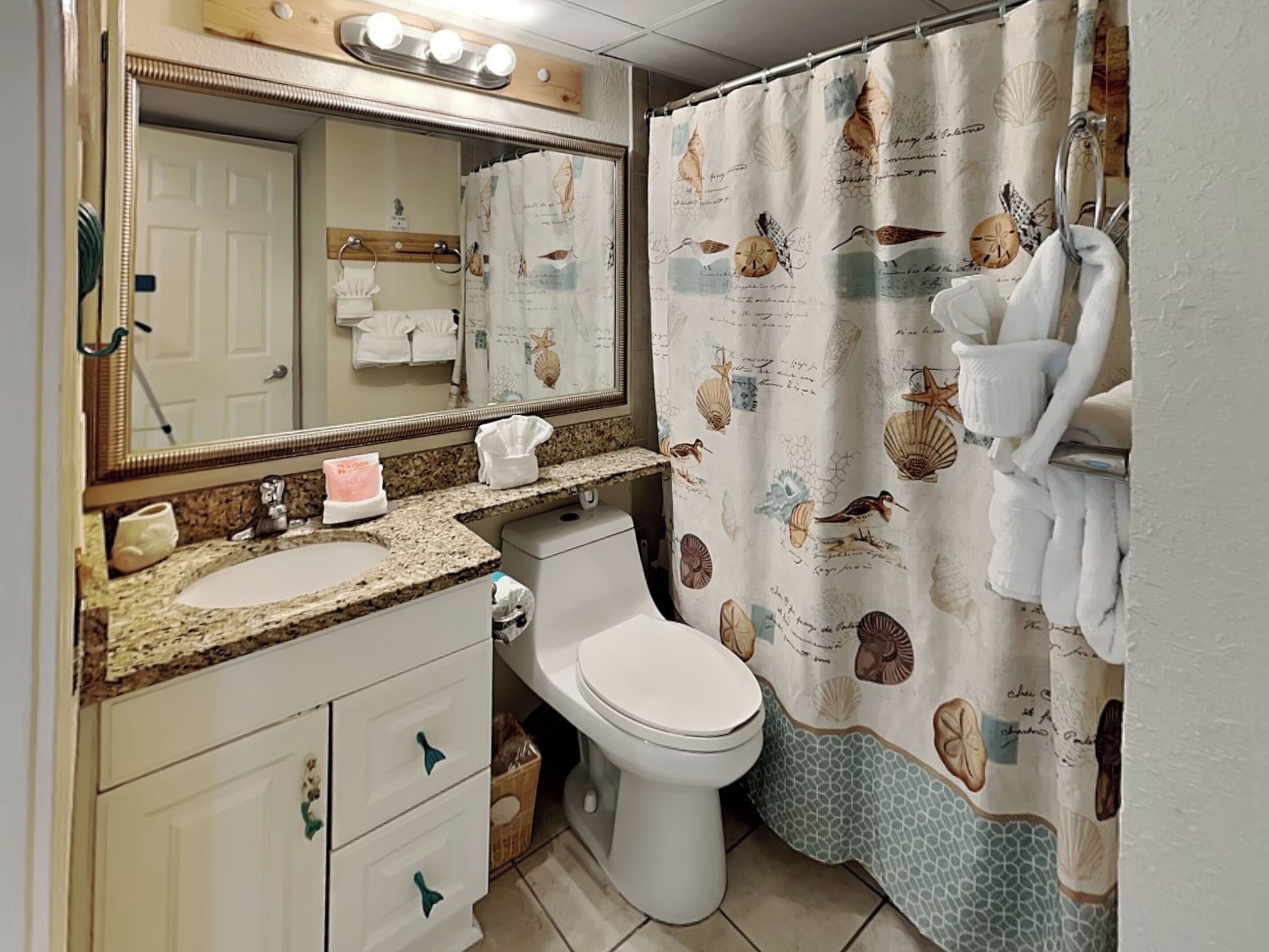 A bathroom with a sink, mirror, toilet, and shower curtain with sea creature designs.