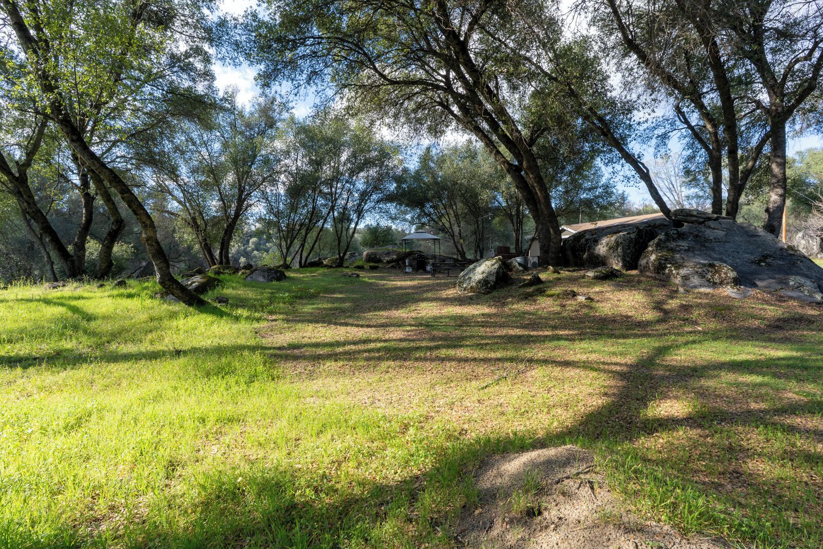 A natural outdoor area with trees, rocks, and a building in the background.