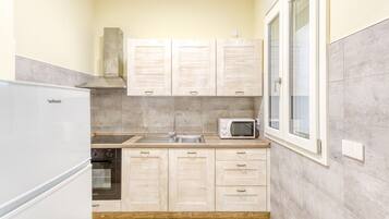 Fridge, stovetop, cookware/dishes/utensils